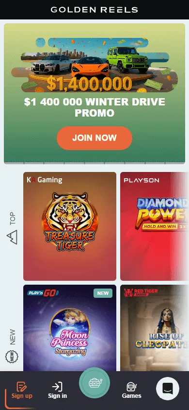Golden Reels Casino mobile browser home view
