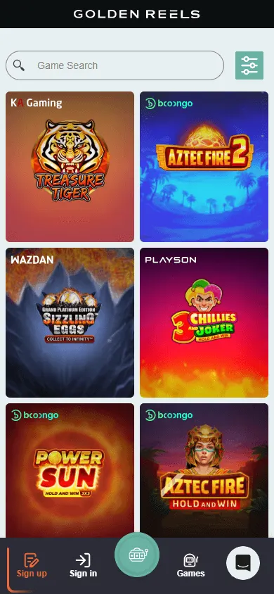 Golden Reels Casino mobile browser game area