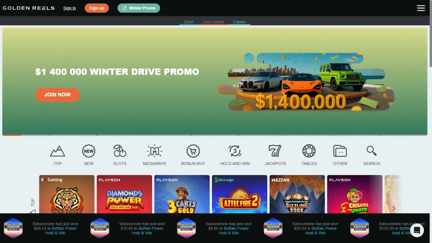 Golden Reels Casino desktop home view